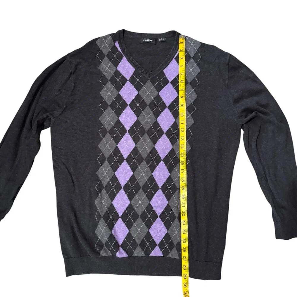 Classic Argyle V-neck Men's Claiborne Sweater Sz XL Gray, Charcoal, light purple